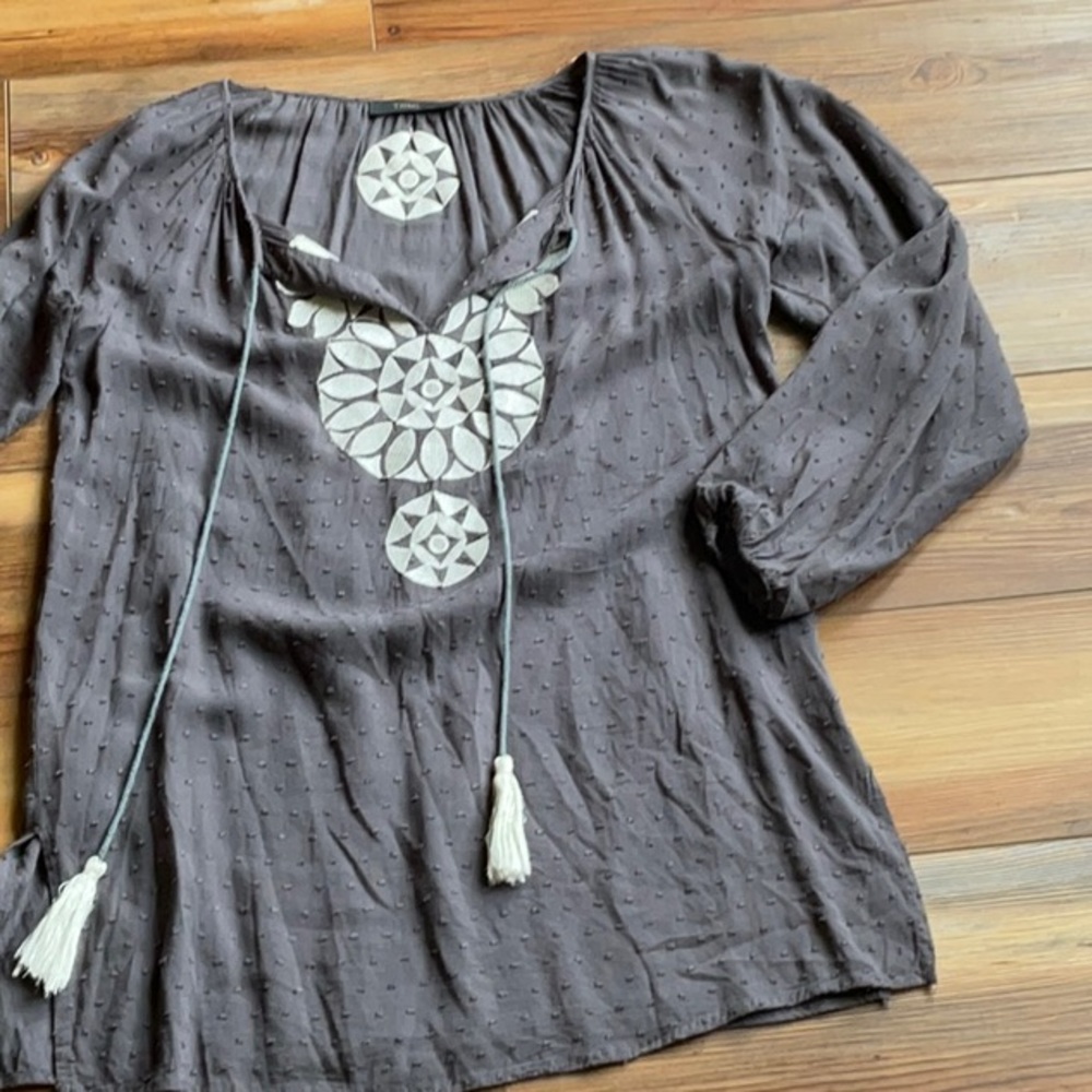 💖THML grey long sleeve boho top with cream embroidery - Picture 2 of 5
